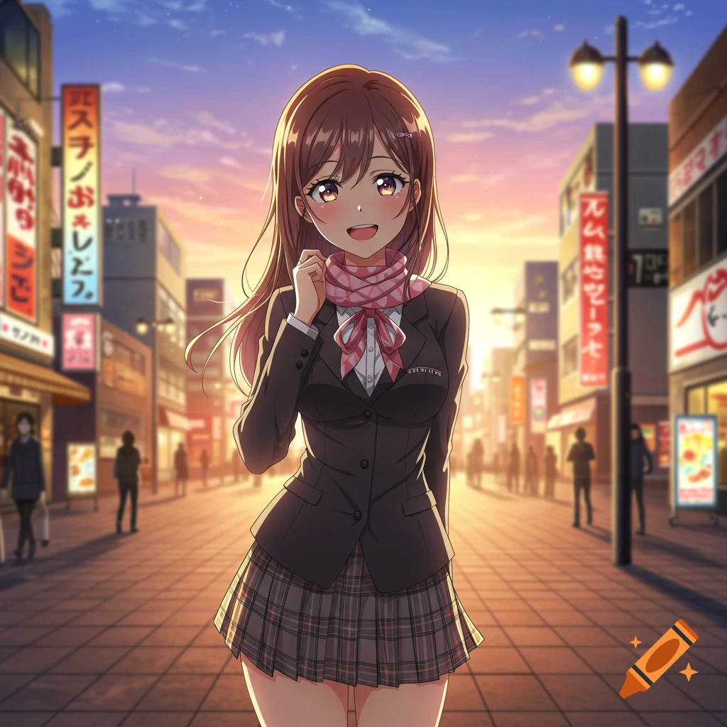 An anime girl with brown hair, wearing a black blazer, white shirt, and plaid skirt, stands smiling on a sunlit street with buildings and signs in the background.
