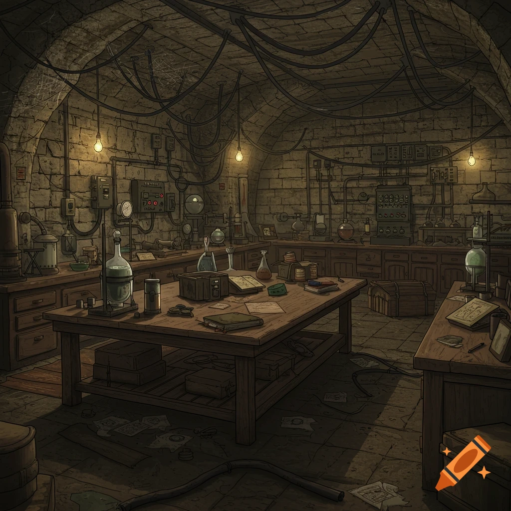A dimly lit, old-fashioned mad scientist laboratory in a stone dungeon, filled with chemistry equipment, electrical cables, and worn wooden tables.