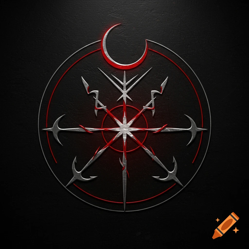 A silver and red metallic runic sigil with sharp lines and hooks, framed by a broken half-circle halo on a dark textured background.