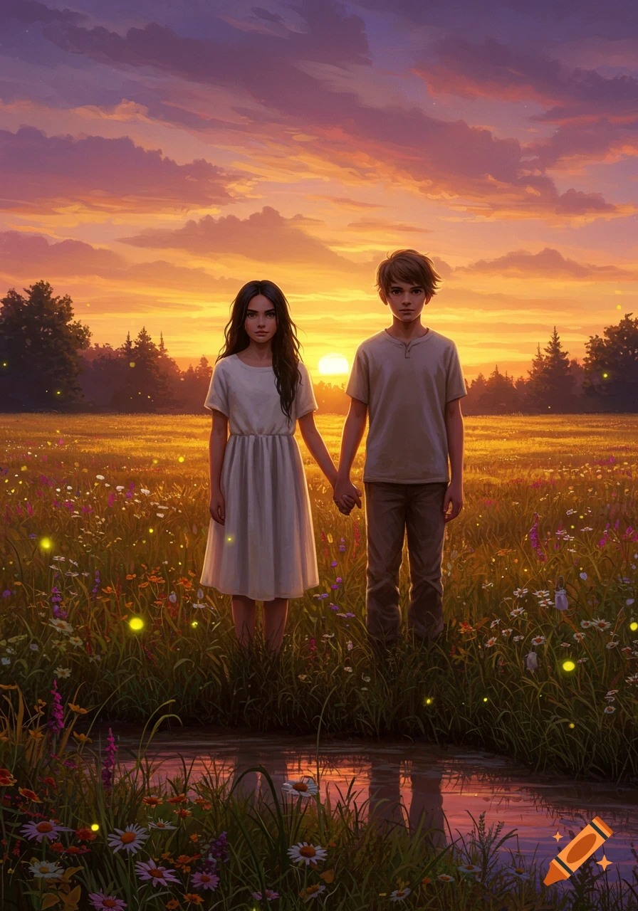 A boy and girl hold hands in a field of wildflowers with fireflies at sunset, reflecting in a stream.