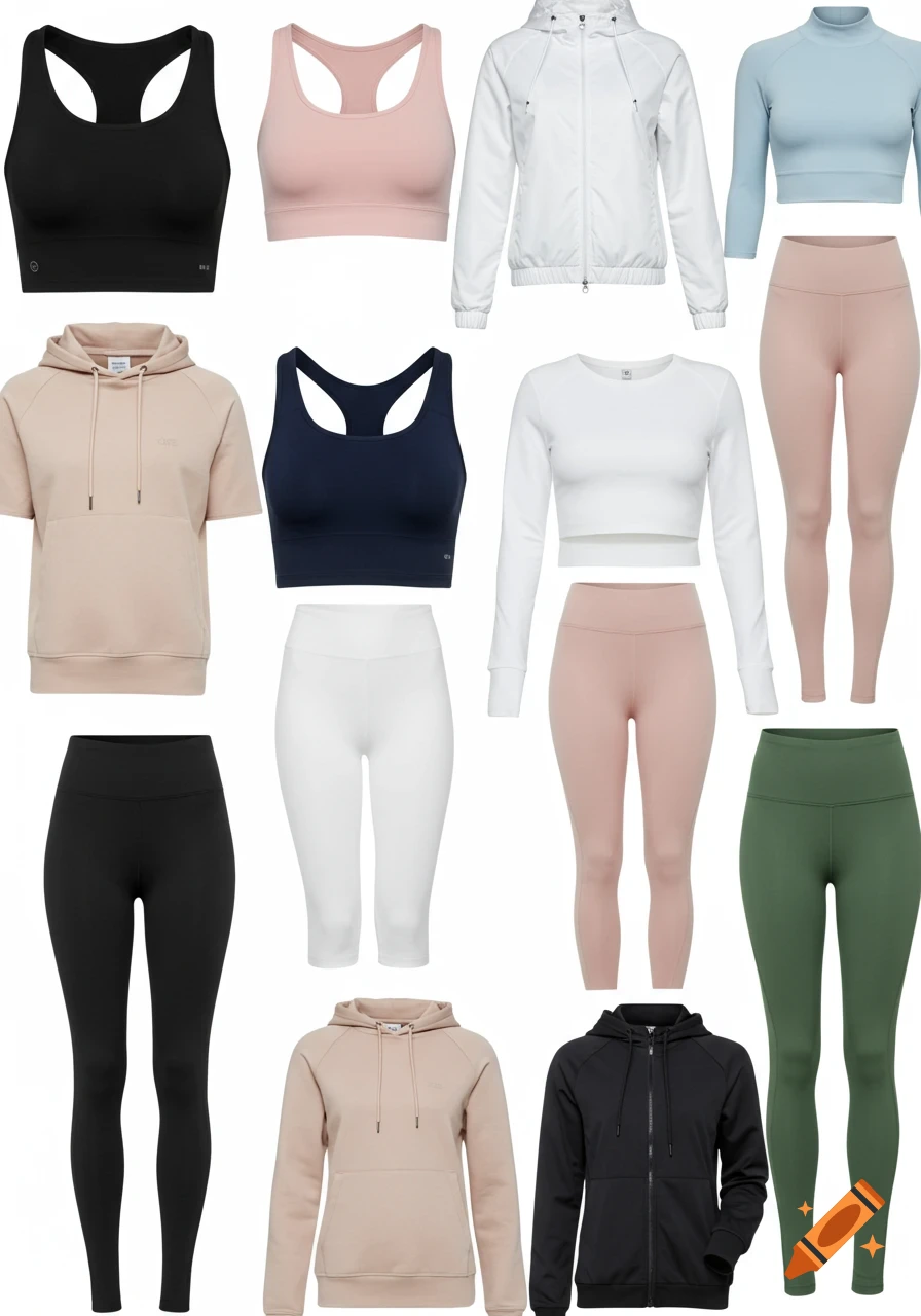 A flat lay of various athletic and casual clothing items including sports bras, tops, hoodies, jackets, and leggings in multiple colors.