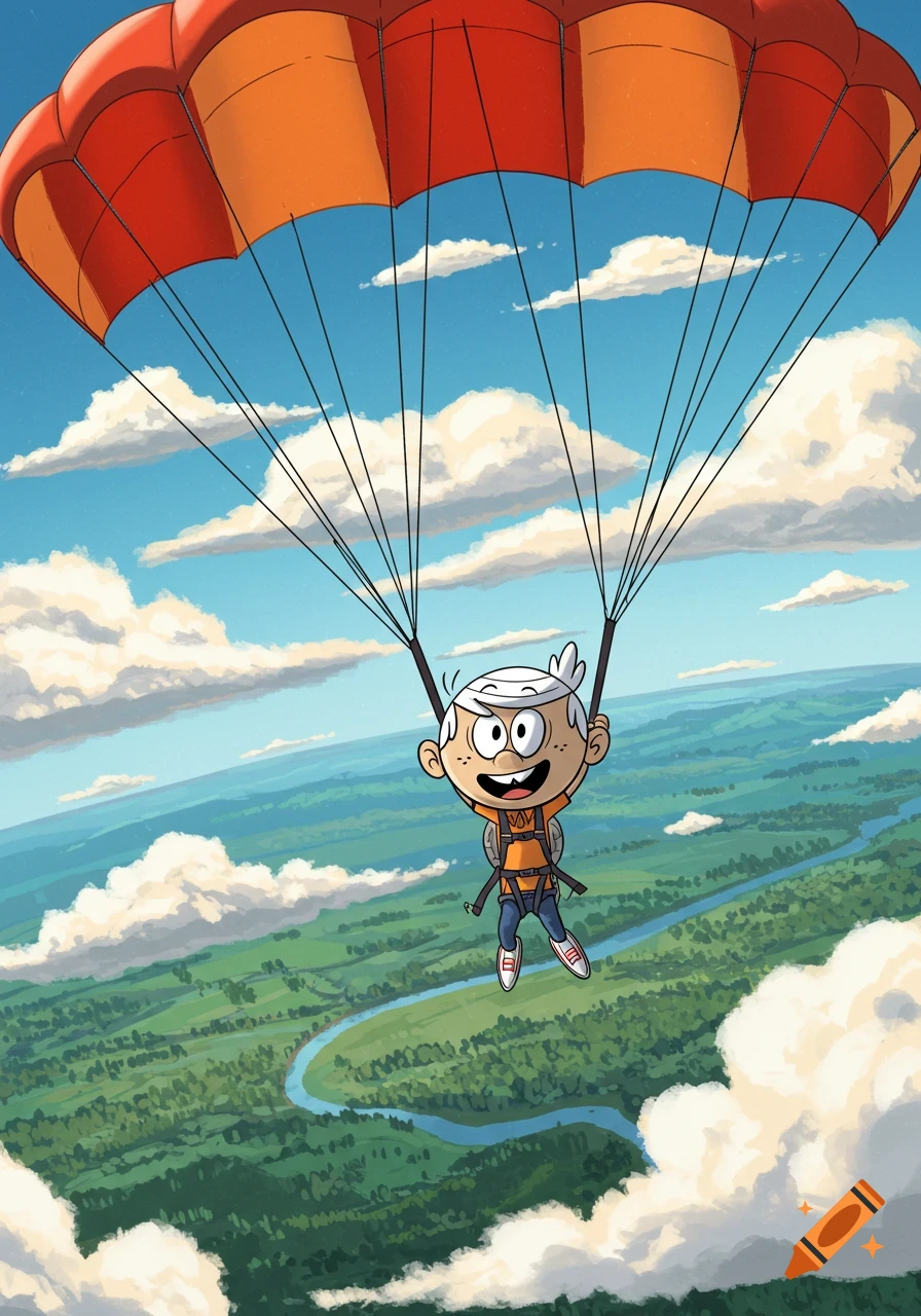 Lincoln Loud cartoon character parachuting with a red and orange parachute over a green landscape with a river and clouds.