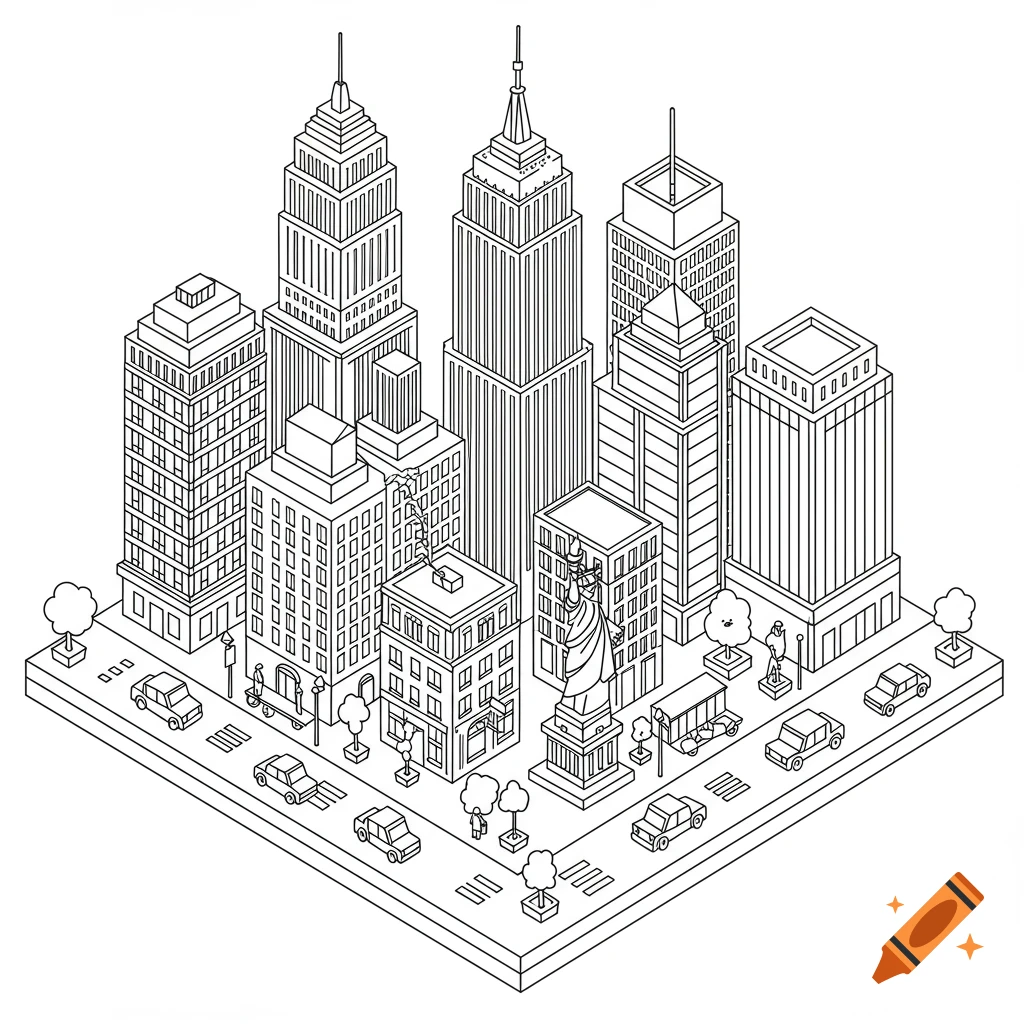 Isometric line art illustration of a New York City cityscape with skyscrapers, cars, and the Statue of Liberty, in a coloring book style.