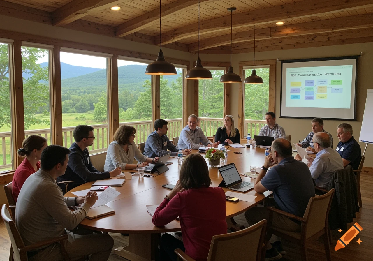 A group of professionals attends a workshop in a conference room with large windows overlooking a mountain landscape.