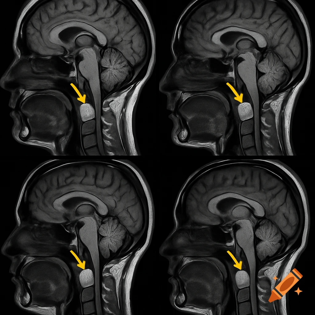 Four realistic MRI scans showing a sagittal view of a human head and neck, with a yellow arrow pointing to a benign tumor near the spinal cord.