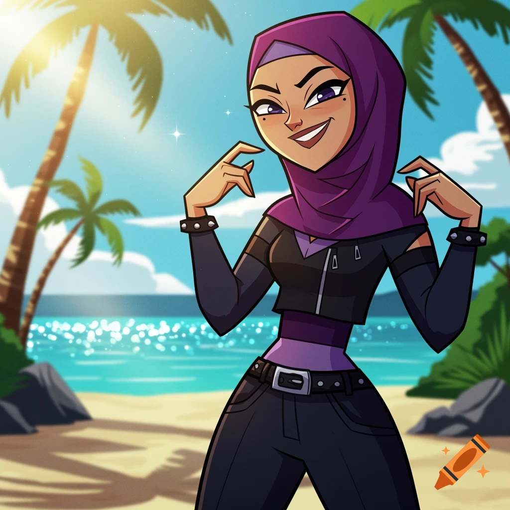 A cartoon woman in a purple hijab, black jacket, and dark pants smiles and poses on a sunny beach with palm trees and the ocean in the background.
