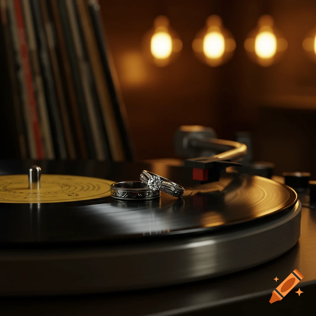 Two wedding rings, one with a large diamond, resting on a vinyl record on a turntable in a dimly lit room with bokeh lights.