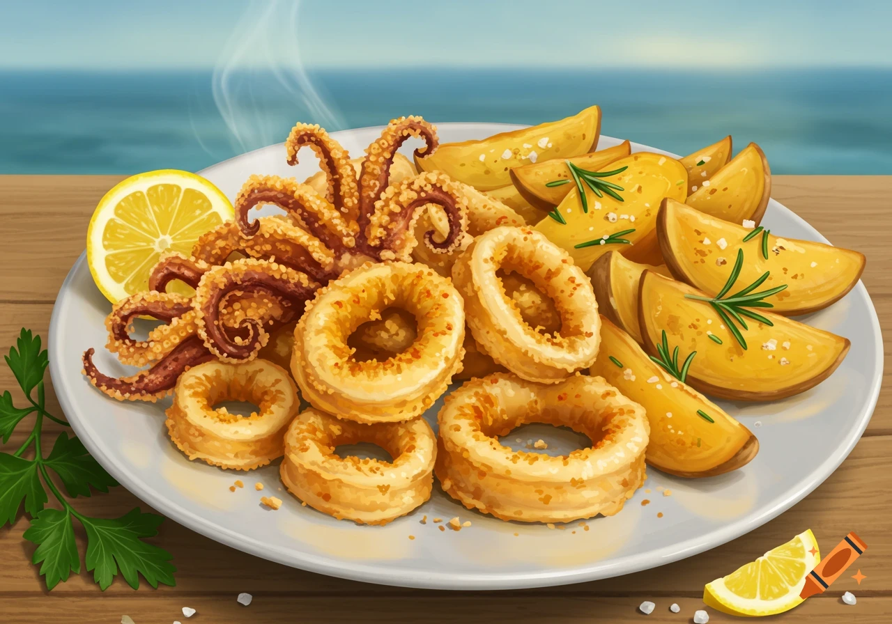 An illustration of fried calamari and potato wedges with lemon and parsley on a plate, with a sea background.