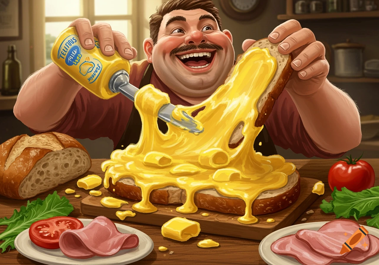 Cartoon man excitedly spreads a large amount of yellow butter on a slice of bread, with more food on a wooden table.