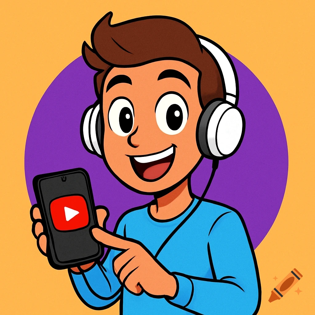 A cheerful cartoon boy with brown hair and light skin, wearing white headphones, smiling while holding a smartphone with a red YouTube play button on its screen. He is tapping the screen. Background is a purple circle.