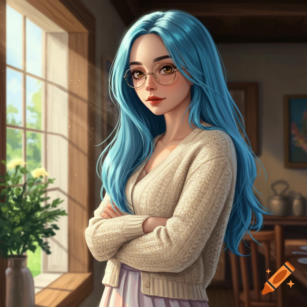 An anime-style portrait of a woman with long blue hair, freckles, and round glasses, wearing a cream cardigan, standing by a sunlit window.