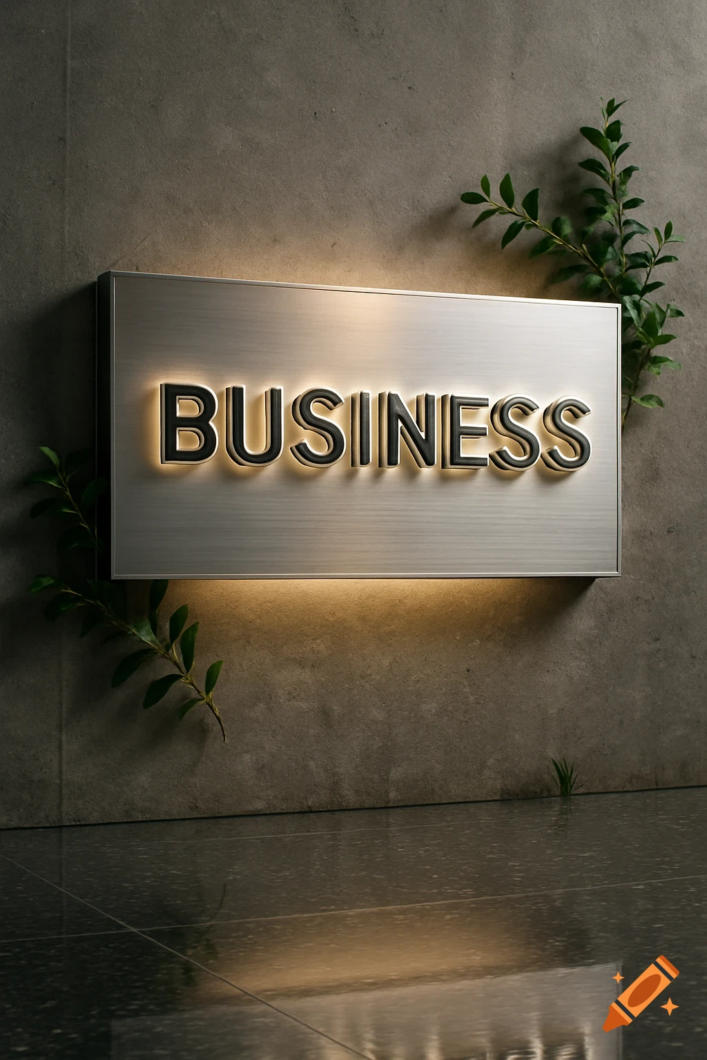 A glowing metal sign with the word BUSINESS mounted on a concrete wall, with green foliage on the sides.