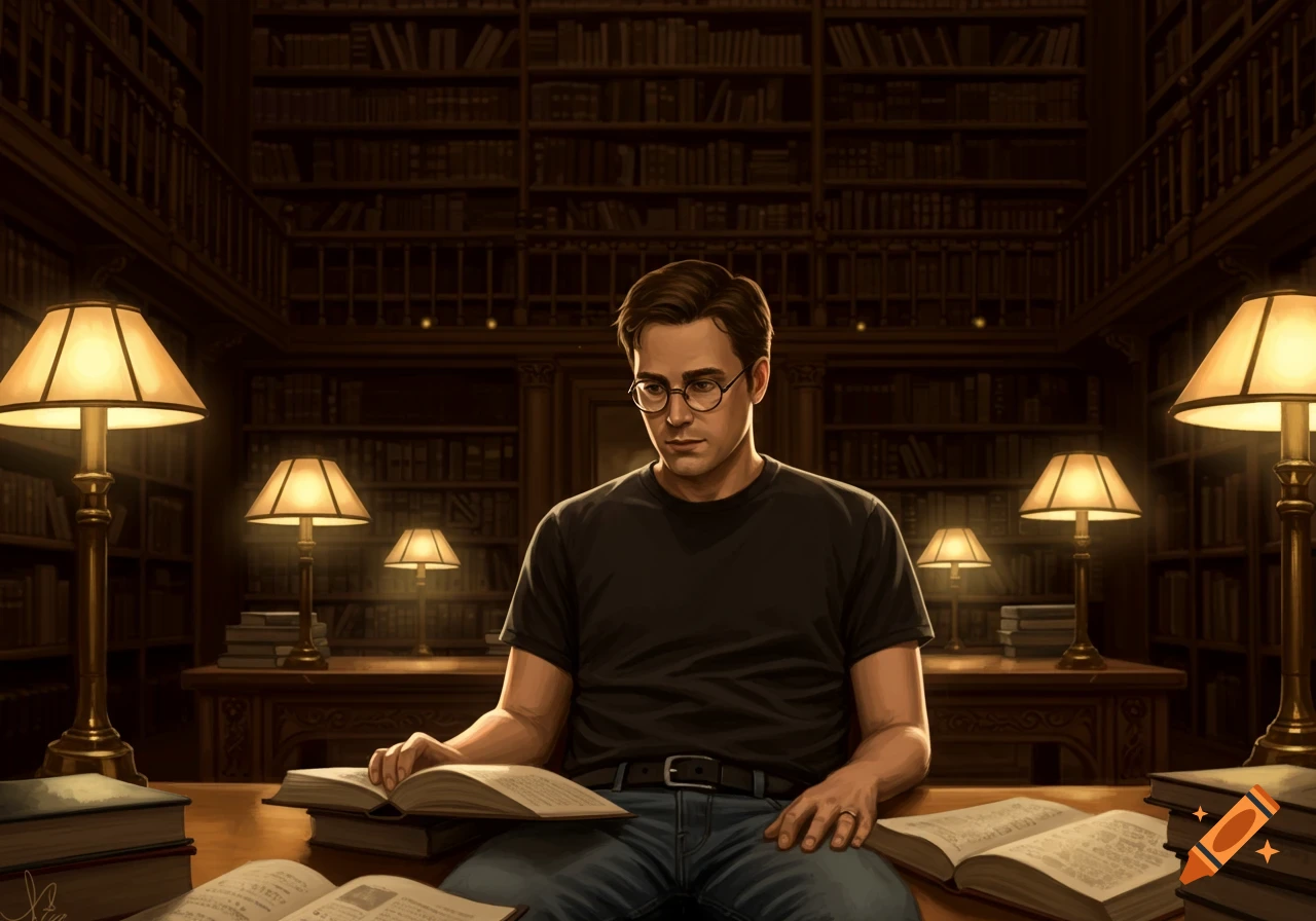 A man with glasses sits at a table in a dimly lit library, surrounded by open books and warm lamps.
