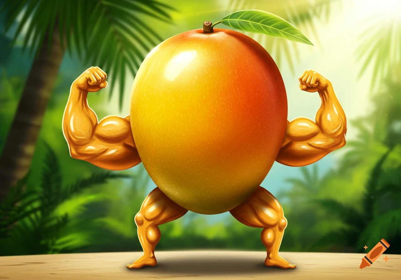 A cartoon mango fruit with large muscular arms and legs flexes in a vibrant jungle setting.