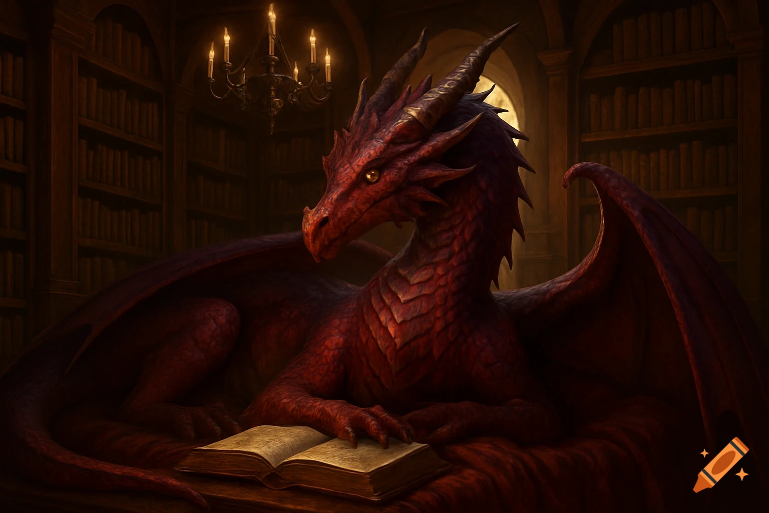 A majestic red dragon with purple hues and large wings lies in a dim fantasy library, its front claws resting on an open book.