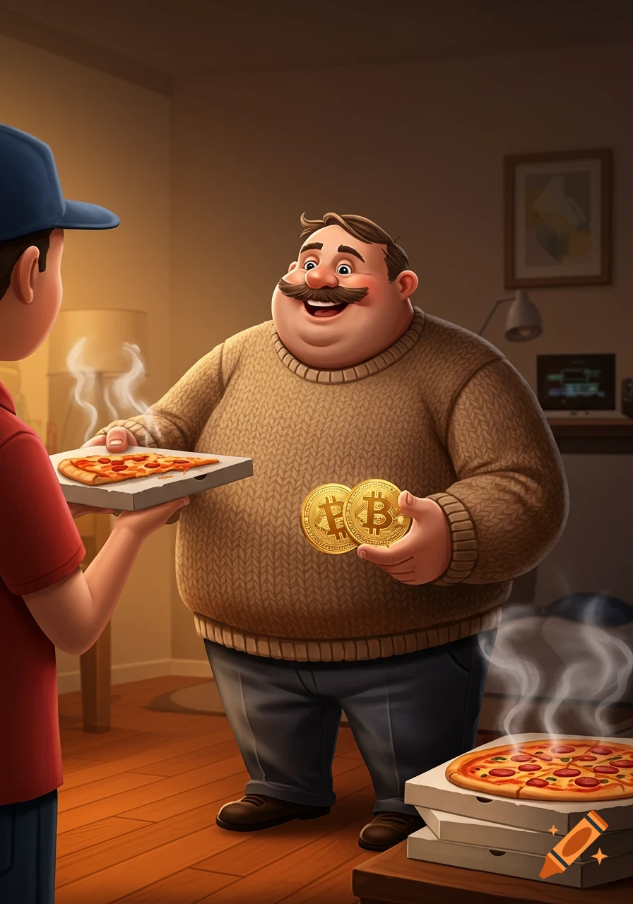 Cartoon man paying a pizza delivery person with two Bitcoin coins.