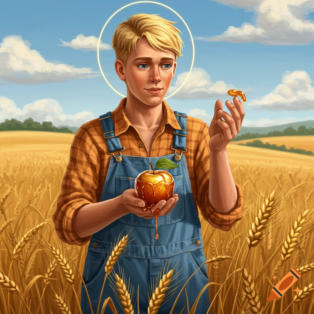 A young, blond farmer with a halo holds a glowing, caramel-covered apple in a sunlit wheat field.