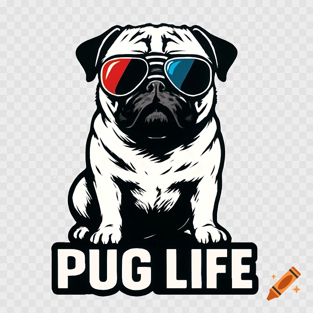 Black and white illustration of a cool pug wearing red and blue aviator sunglasses with 'PUG LIFE' text below.