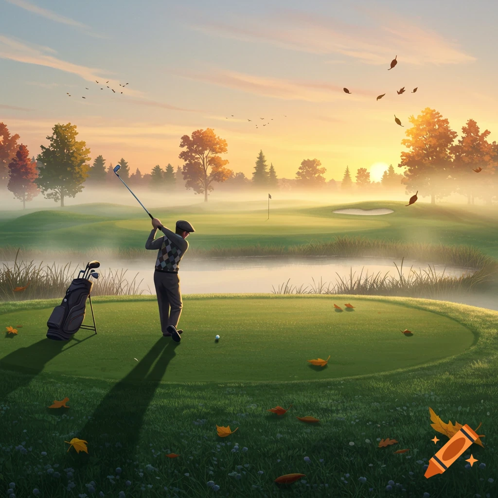 A golfer swings a club on a misty course at sunrise, with autumn leaves scattered around.