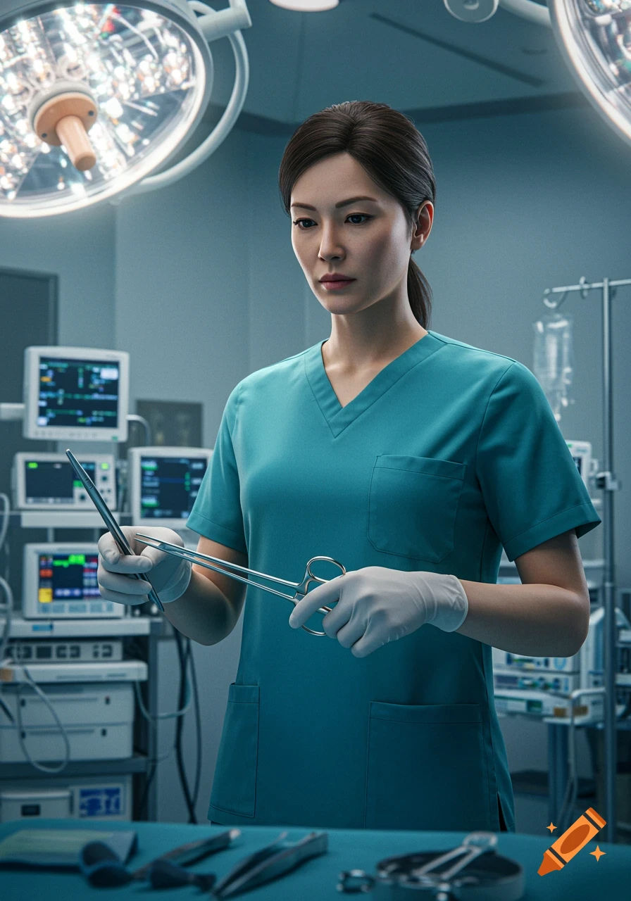 A realistic image of a female nurse in teal scrubs and white gloves, holding hemostat forceps in an operating room with bright lights and medical equipment.
