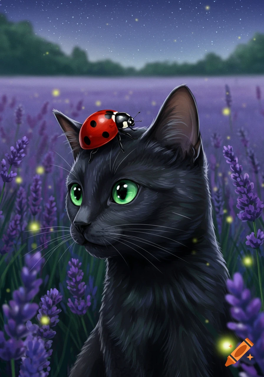 A black cat with bright green eyes and a red ladybug on its head stands in a lavender field under a starry night sky.