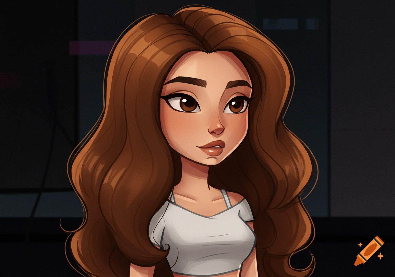 A Y2K-inspired cartoon girl with long wavy brown hair, pouty lips, and a white crop top against a dark background, in a 2D digital art style.