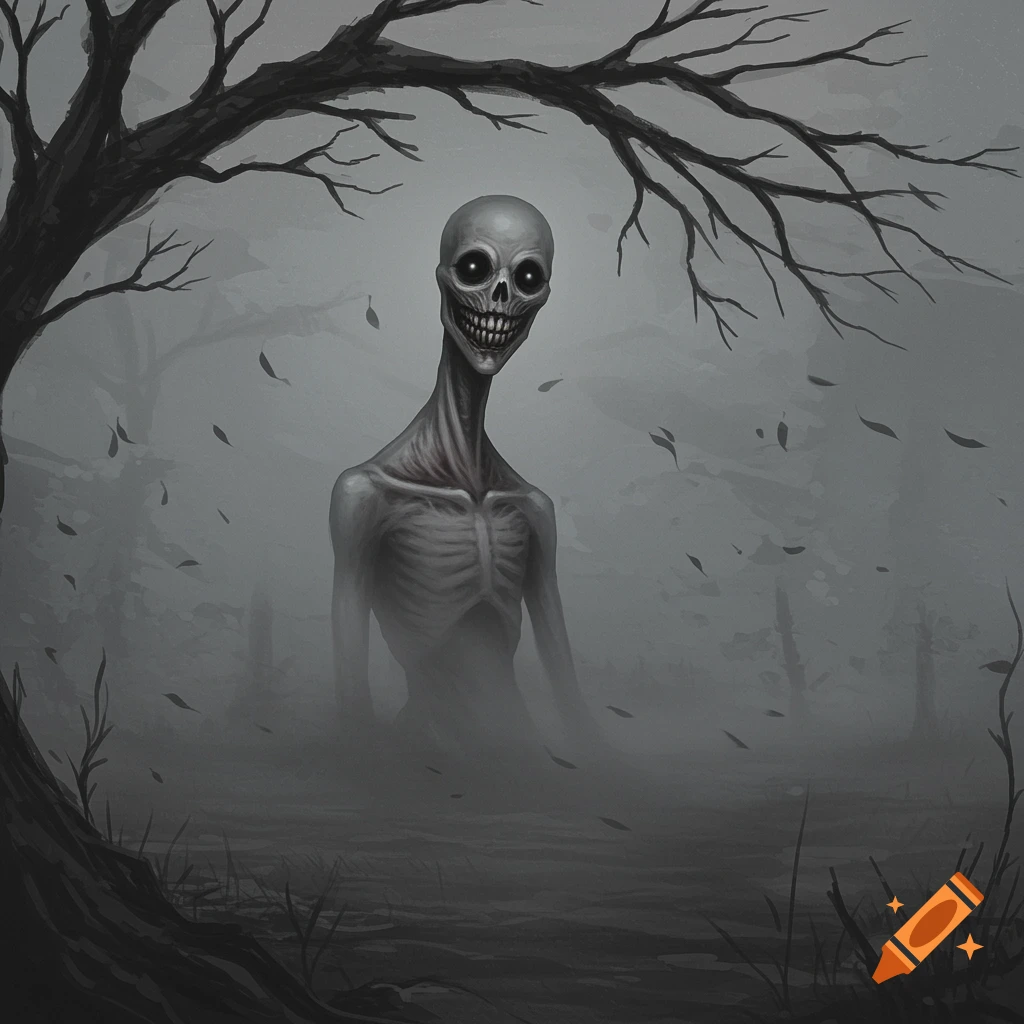 A pale skeletal figure with huge black eyes and an enormous grin showing sharp teeth stands in a foggy, dark forest under a bare tree.