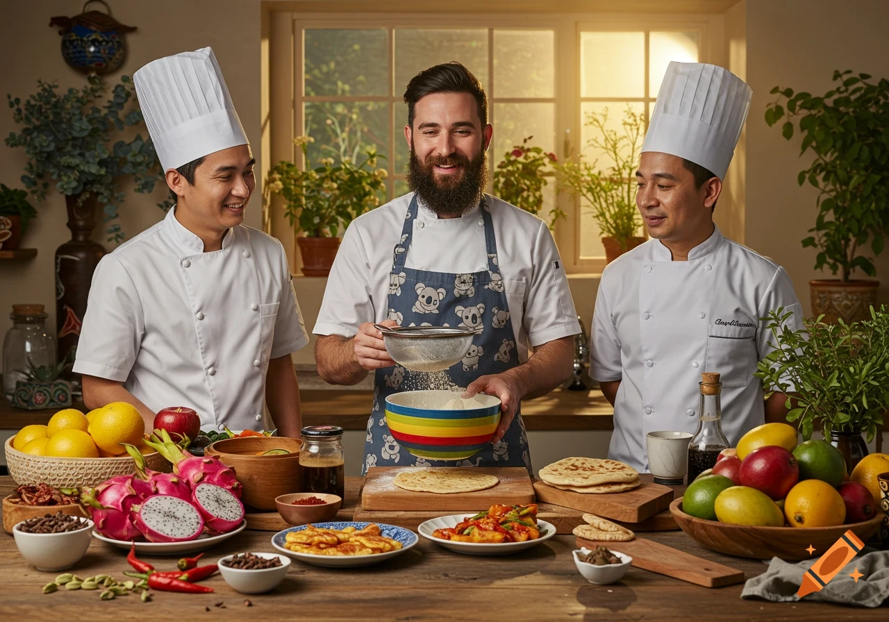 Three chefs in white uniforms, one bearded, sift flour into a colorful bowl on a wooden table laden with fruits and spices in a bright kitchen.