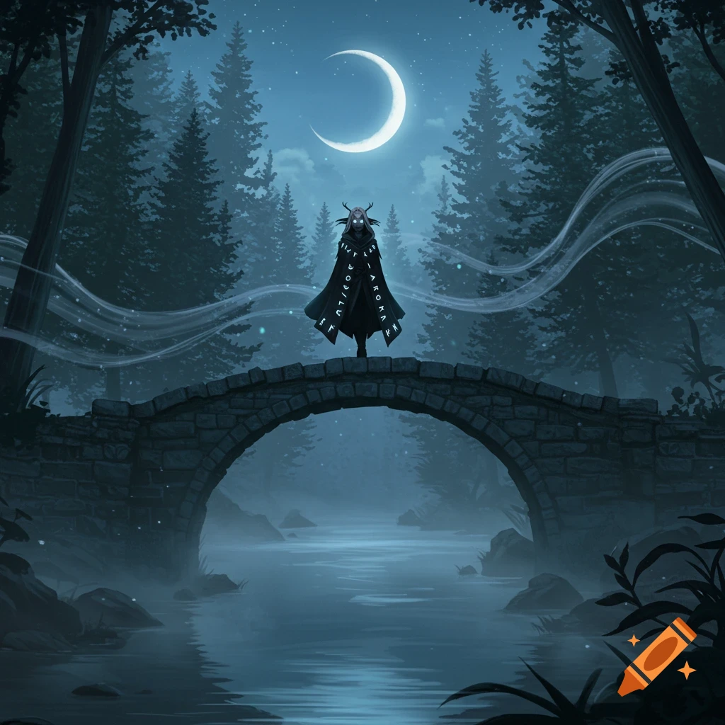 A mystical figure with horns and glowing eyes, wearing a dark cape with glowing symbols, stands on a stone bridge over a misty river in a dark forest under a crescent moon.