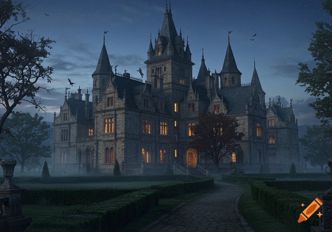 A sprawling, gothic-style stone manor with multiple turrets and lit windows, seen at twilight with a path leading to its entrance.