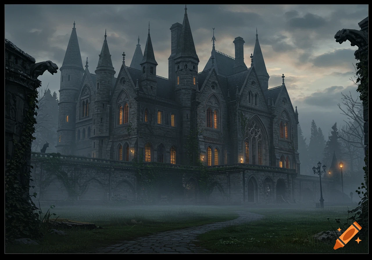 A dark and imposing Gothic manor with multiple turrets and glowing windows, surrounded by mist and trees under a cloudy sky.