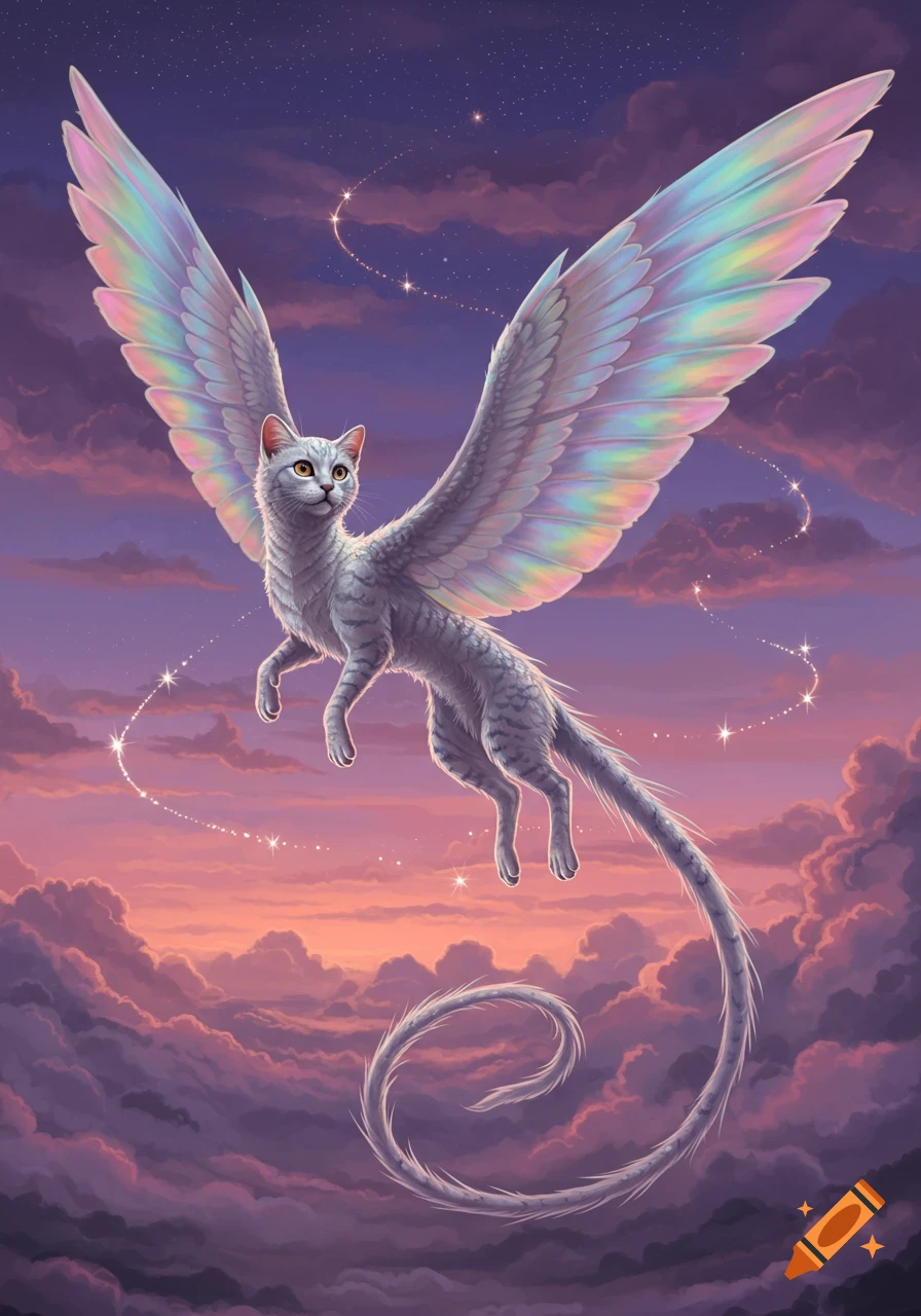 A majestic white winged cat creature with a long tail flies over purple and orange clouds at sunset, with sparkling stars in the sky.