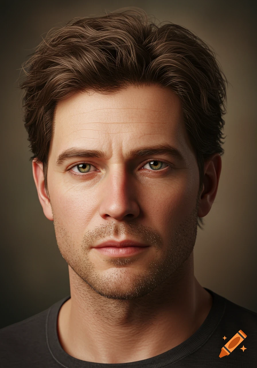 Photorealistic portrait of a man with brown hair, hazel eyes, and light stubble looking forward.