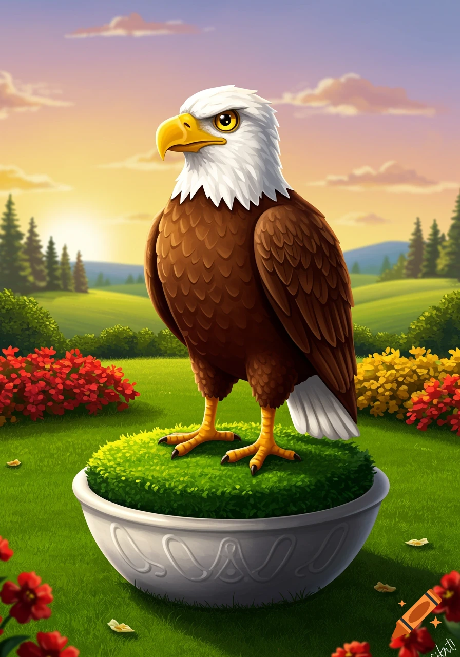 A cartoon bald eagle stands on a grassy mound in a decorative bowl, set against a vibrant green landscape with trees and flowers under a colorful sunset sky.