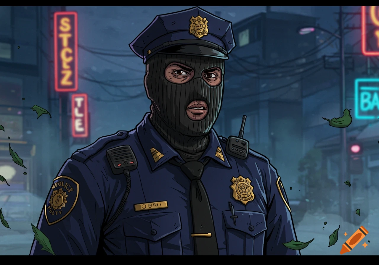 Cartoon illustration of a police officer wearing a balaclava mask, in a dark city scene with neon lights.