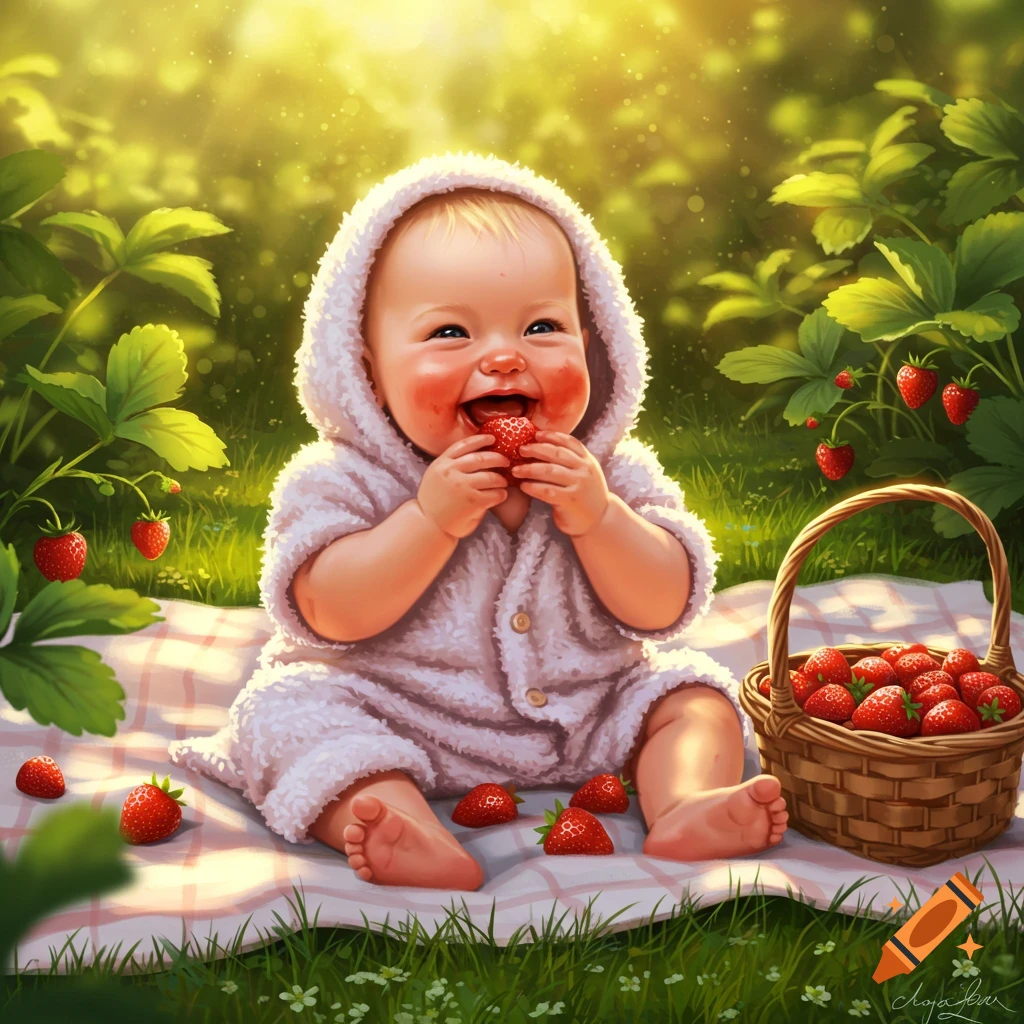 A cute baby in a white hooded romper sits on a checkered blanket, happily eating a strawberry in a sunny field with a basket of strawberries nearby.