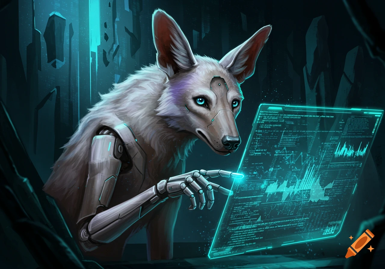 A white robotic aardwolf with glowing blue eyes interacts with a translucent, blue-hued futuristic holographic screen.