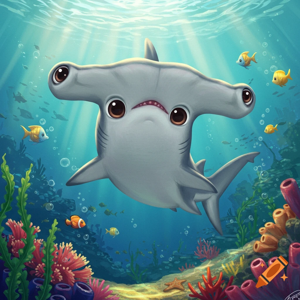 A cute cartoon baby hammerhead shark swims in a vibrant underwater coral reef with fish and sunlight.