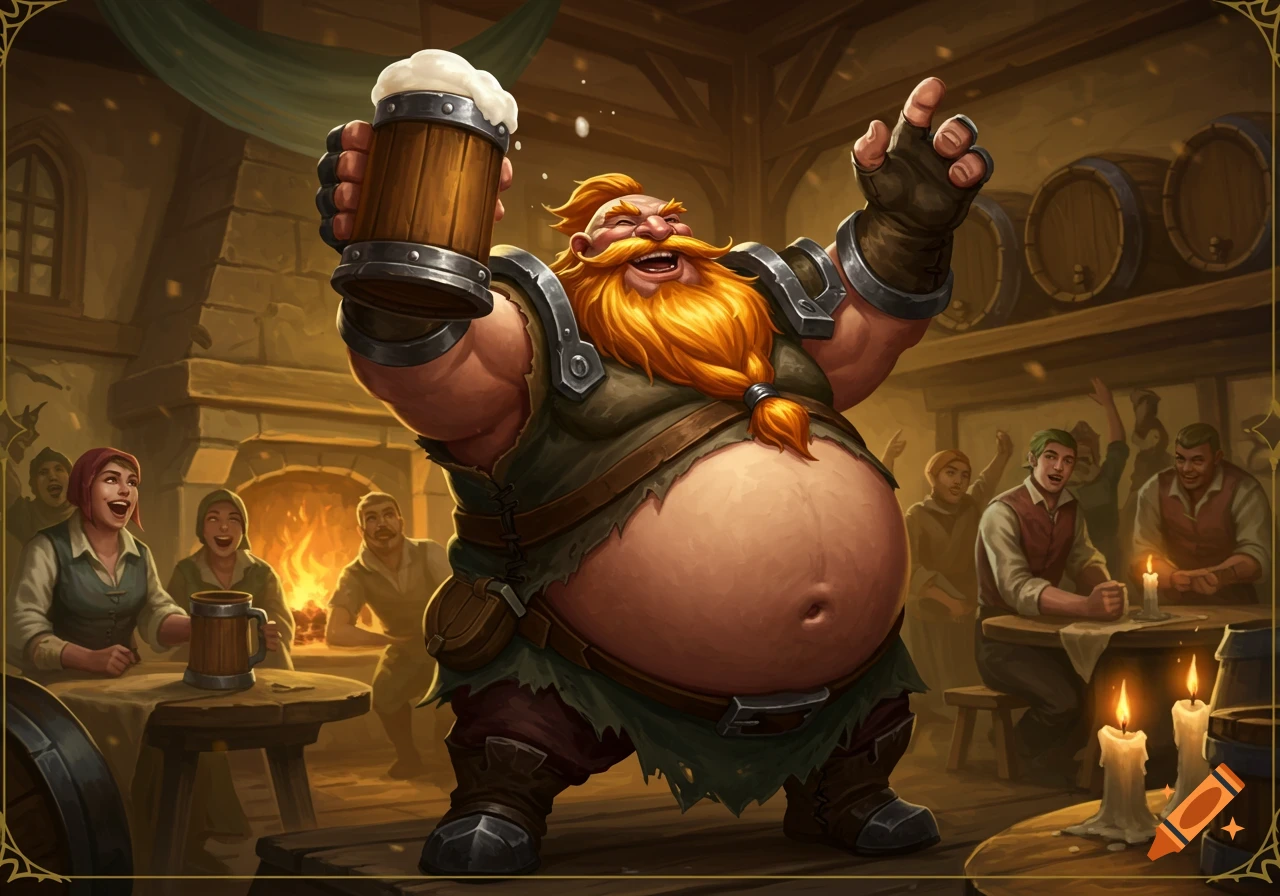 A large, merry, bearded dwarf with a big belly raises a tankard of beer in a lively, firelit fantasy tavern among cheering patrons.