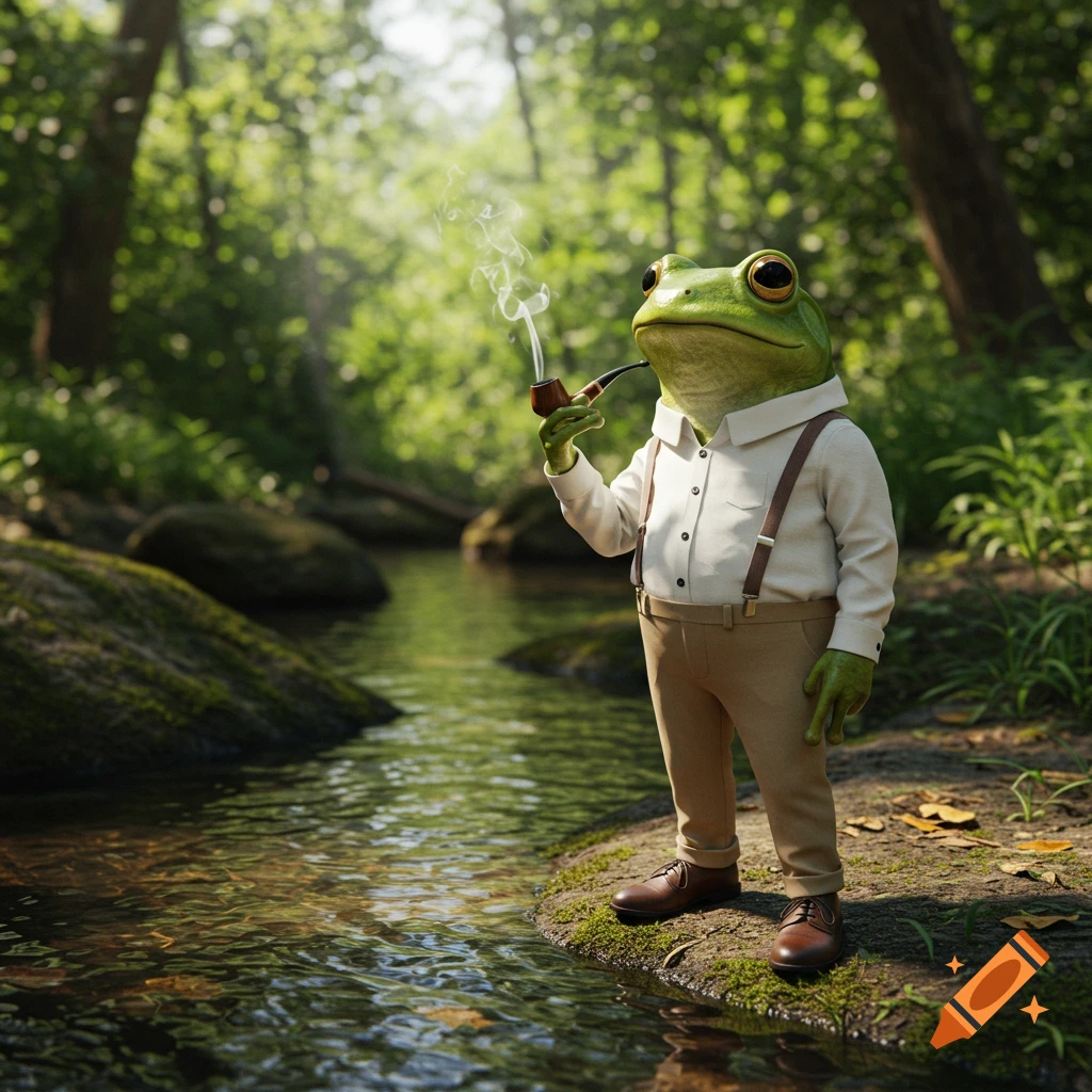 A photorealistic bullfrog wearing a white shirt, khakis, suspenders, and brown shoes stands by a mossy creek in a forest, smoking a pipe.