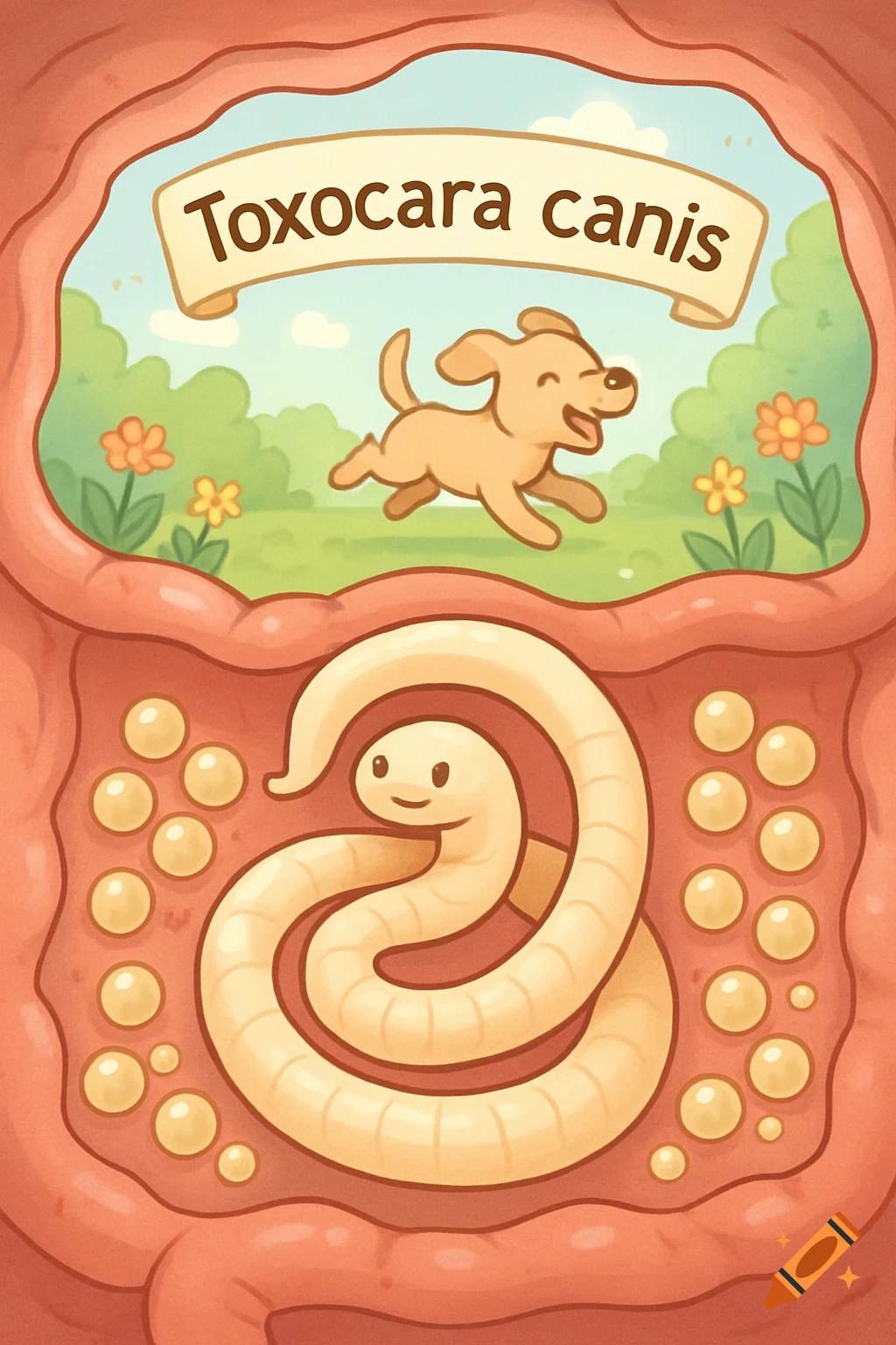 Cartoon illustration of a parasitic worm inside an intestine, with a happy dog in a garden above, labelled 'Toxocara canis'.