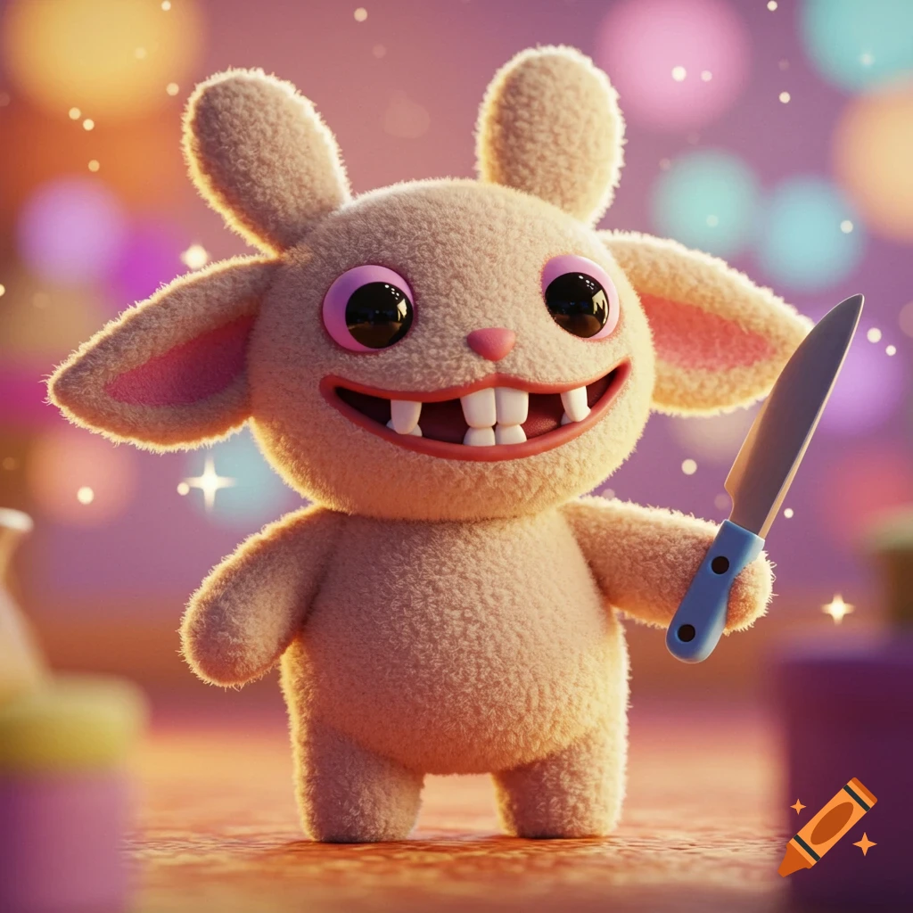 A fluffy beige Labubu toy with big black eyes and an overbite stands, holding a small knife in a bright, blurry background.