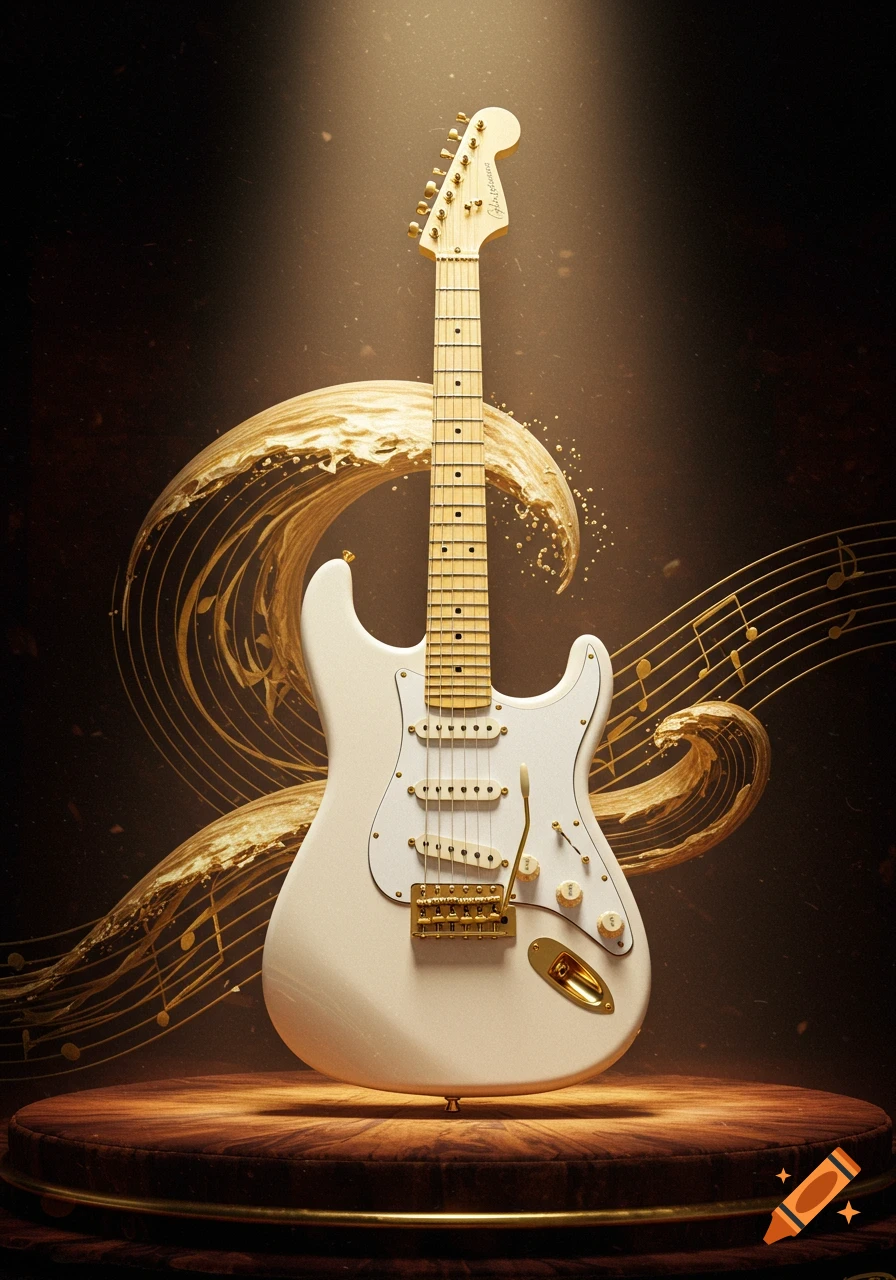 A white electric guitar with gold hardware stands on a wooden stage, surrounded by golden swirling musical notes and light rays.