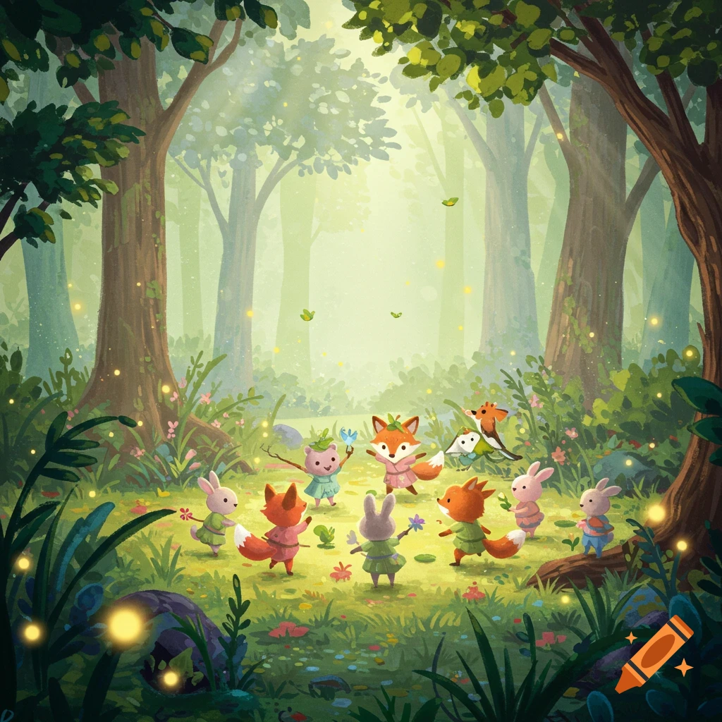 Cute cartoon animals, including foxes, rabbits, and a bear-like creature, dancing in a whimsical, light-filled forest illustration.