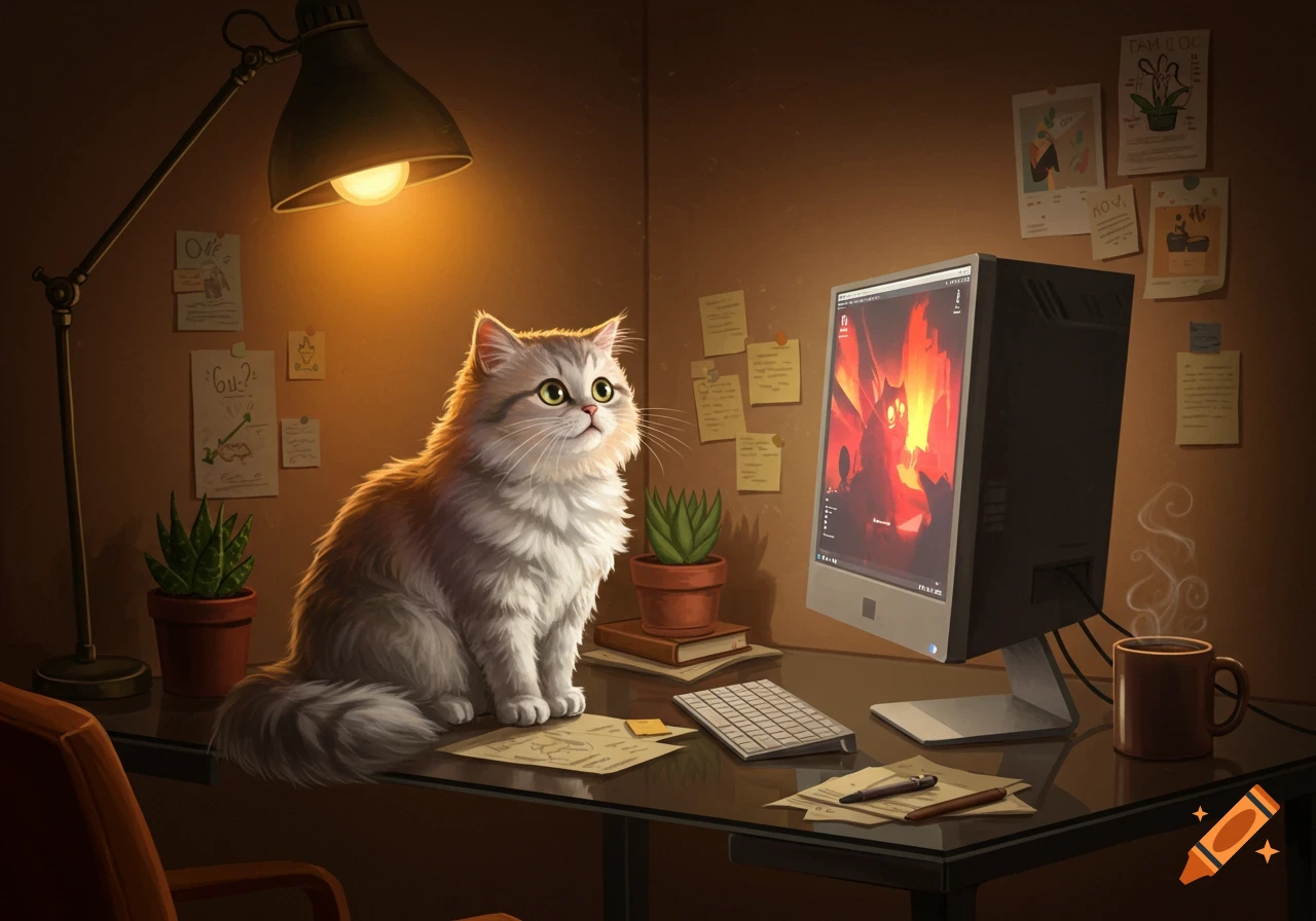 A fluffy grey and white cat sits on a desk next to a computer monitor showing a fiery, red screen, illuminated by a desk lamp.
