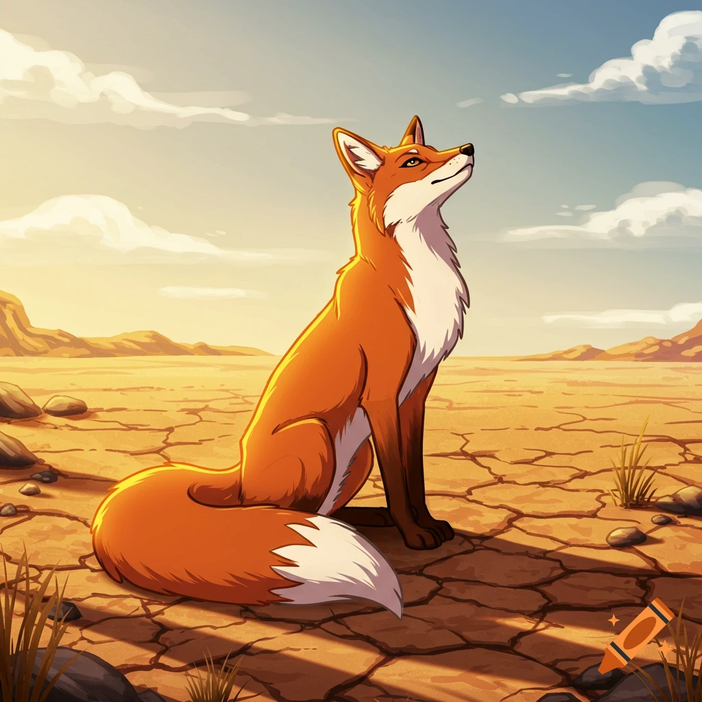 A cartoon red fox sits elegantly on cracked desert ground under a sunny sky.