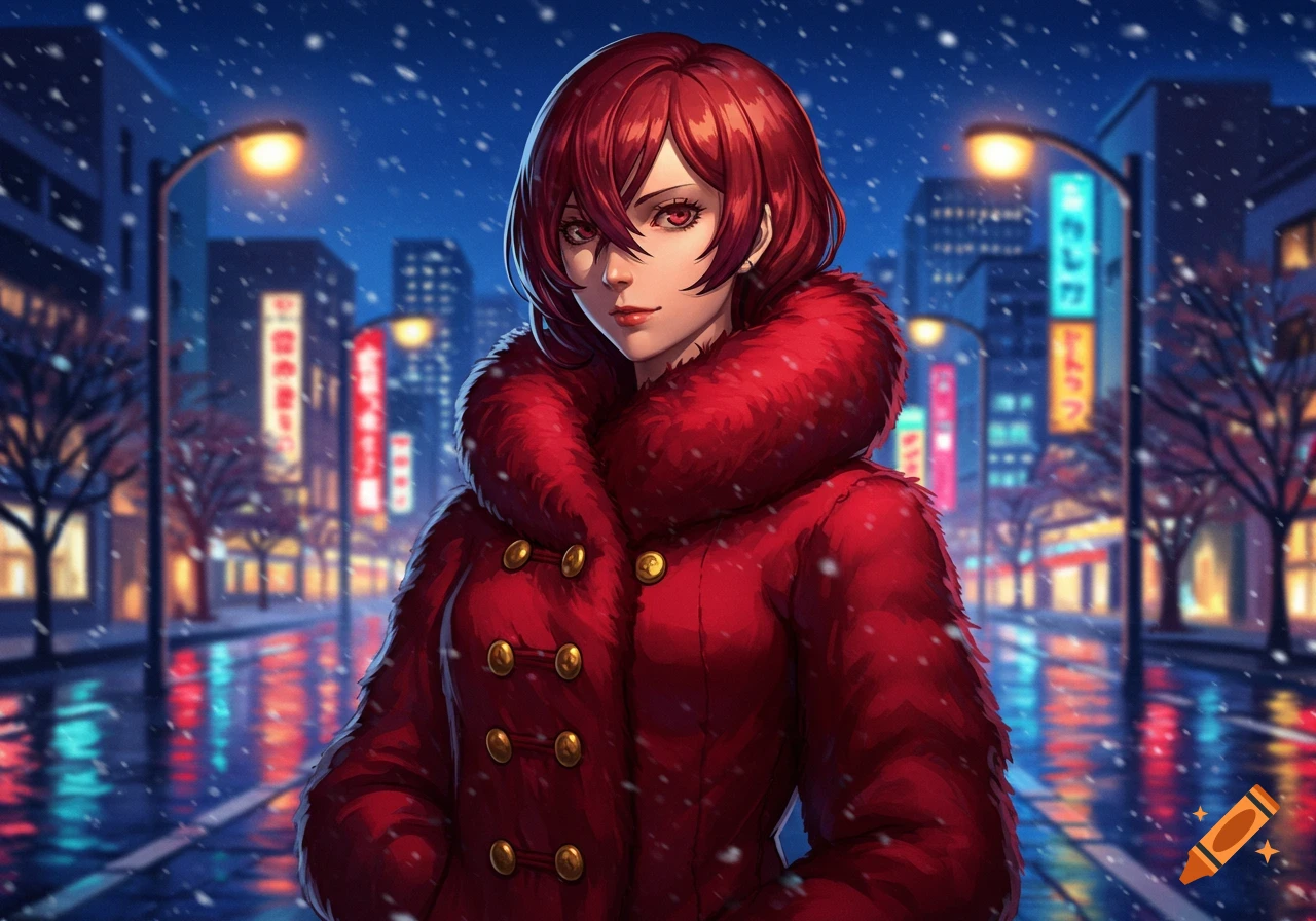 Anime character with red hair and red fur coat on a snowy city street at night, illuminated by city lights.