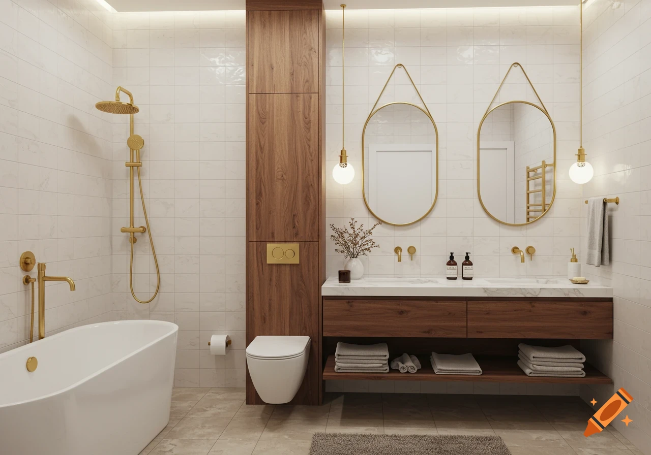 A modern bathroom with white tiles, gold fixtures, a freestanding tub, and a walnut wood double vanity with two mirrors.