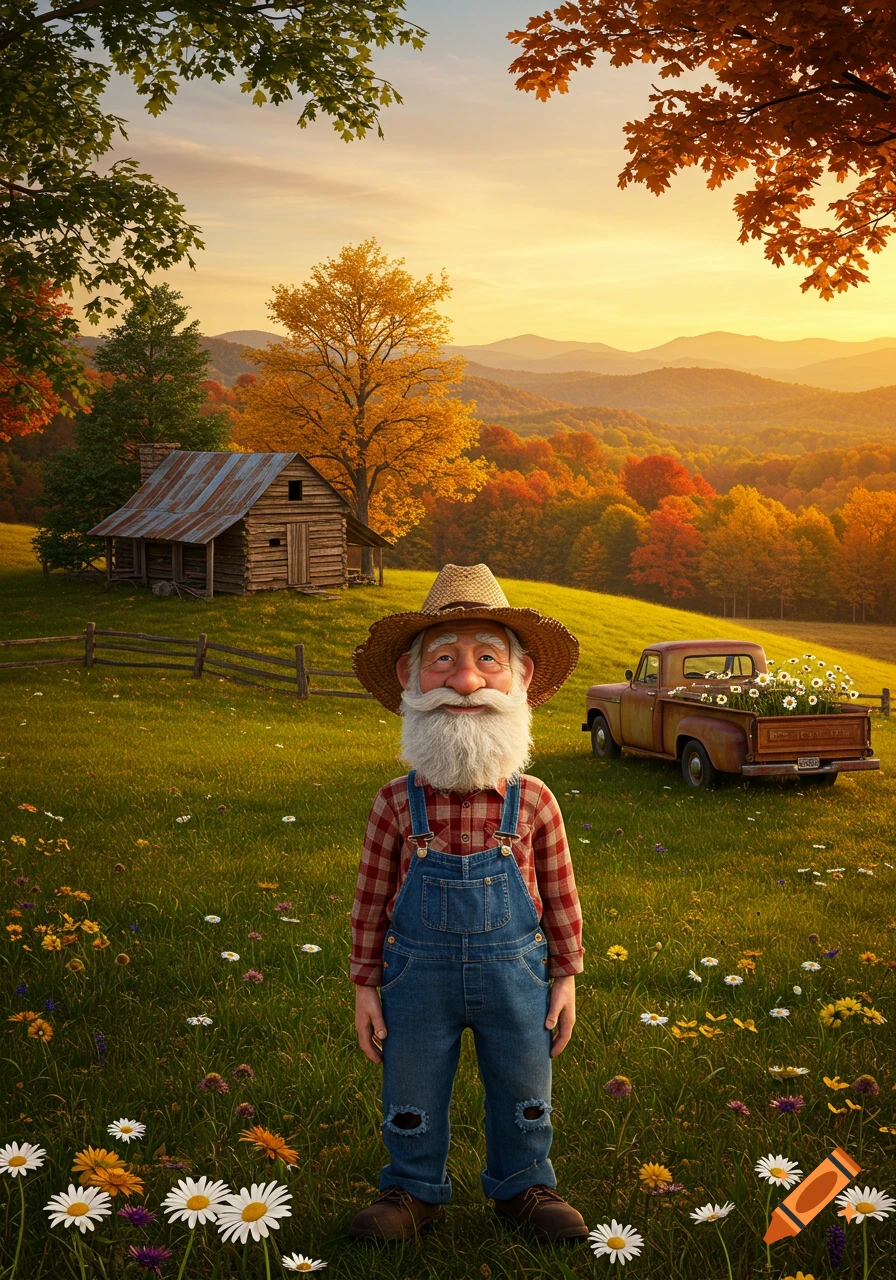 A stylized old man with a white beard and straw hat in a field of wildflowers. A log cabin and vintage pickup truck are in the background with colorful autumn trees and mountains at sunset.