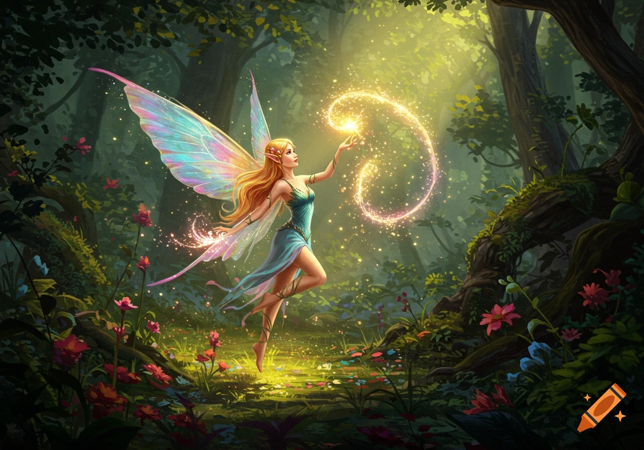 A long-haired fairy with shimmering wings casts a glowing magical aura in an enchanted sunlit forest.